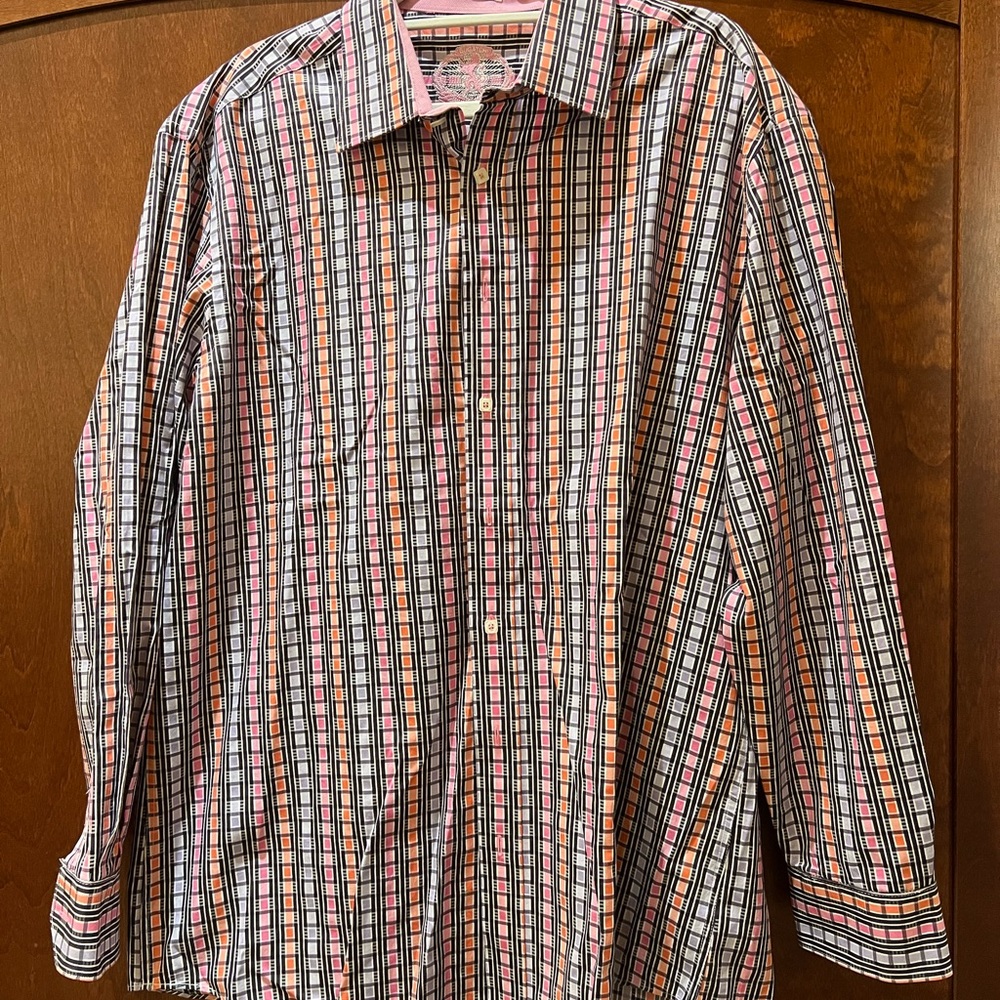 Bugatchi Men's Pink and Black Striped Shirt